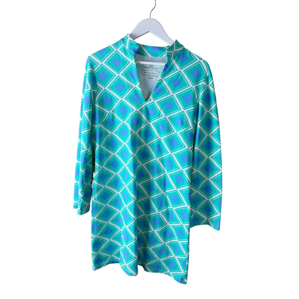 Mahi Gold Women Large Turquoise Blue Geometric Diamond Print Tunic Shift Dress L